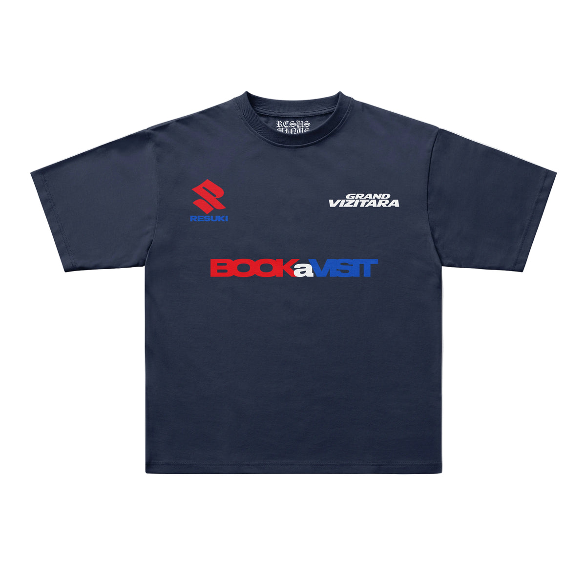 A navy blue short-sleeve t-shirt with multiple sponsor logos printed on the front, including 'BOCKaVISIT' in red and blue, 'GRAND VITITARA' in white, and 'R.S.