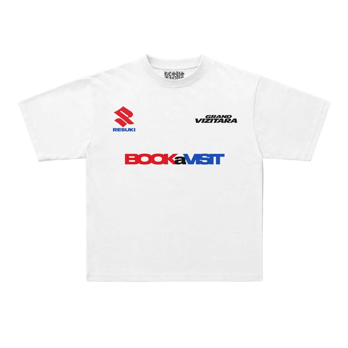A white short-sleeve crewneck t-shirt featuring sponsor logos on the chest, including the red and blue Suzuki logo, the black 'Grand Viztara' text, and the red and blue 'BookaMST' logo. The shirt is displayed flat against a clean, light off-white background.