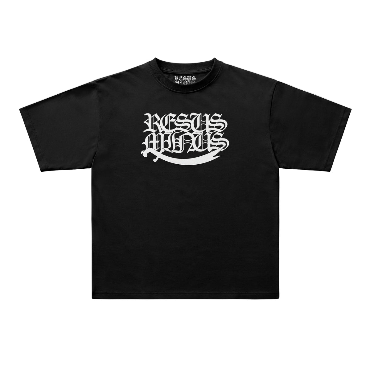 A black short-sleeve t-shirt with a white gothic-style graphic reading 'RESUS MINUS' across the chest, displayed flat against a light gray background.