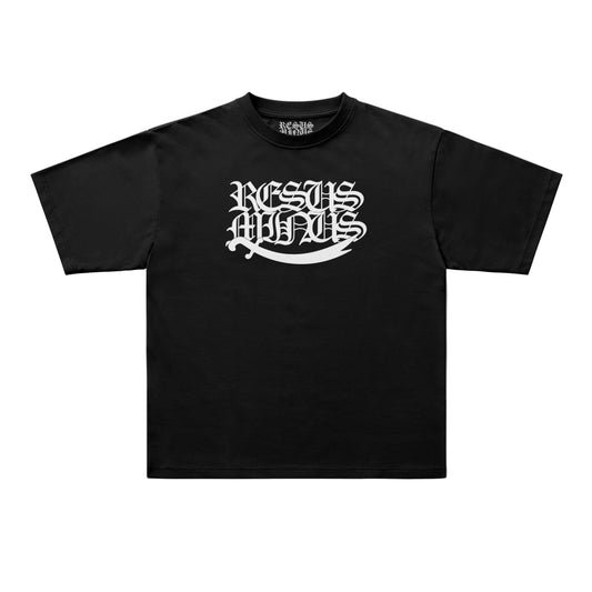 A black short-sleeve t-shirt with a white gothic-style graphic reading 'RESUS MINUS' across the chest, displayed flat against a light gray background.