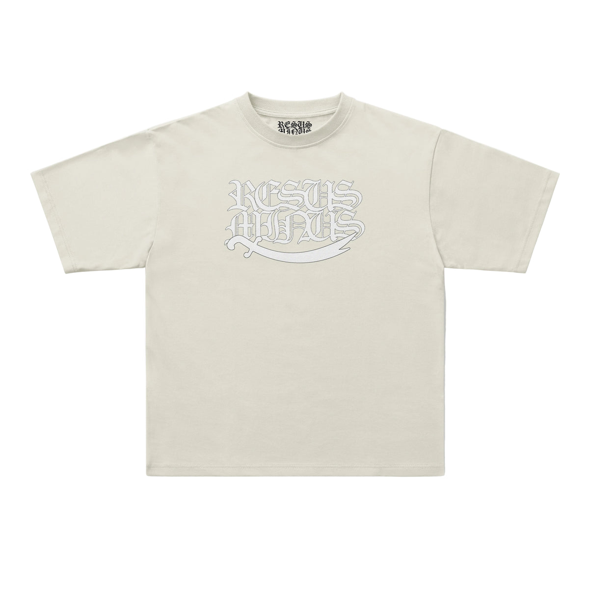 A light beige short-sleeve t-shirt with a stylized white graphic reading 'RESUS MINUS' across the chest, displayed flat against a clean white background.