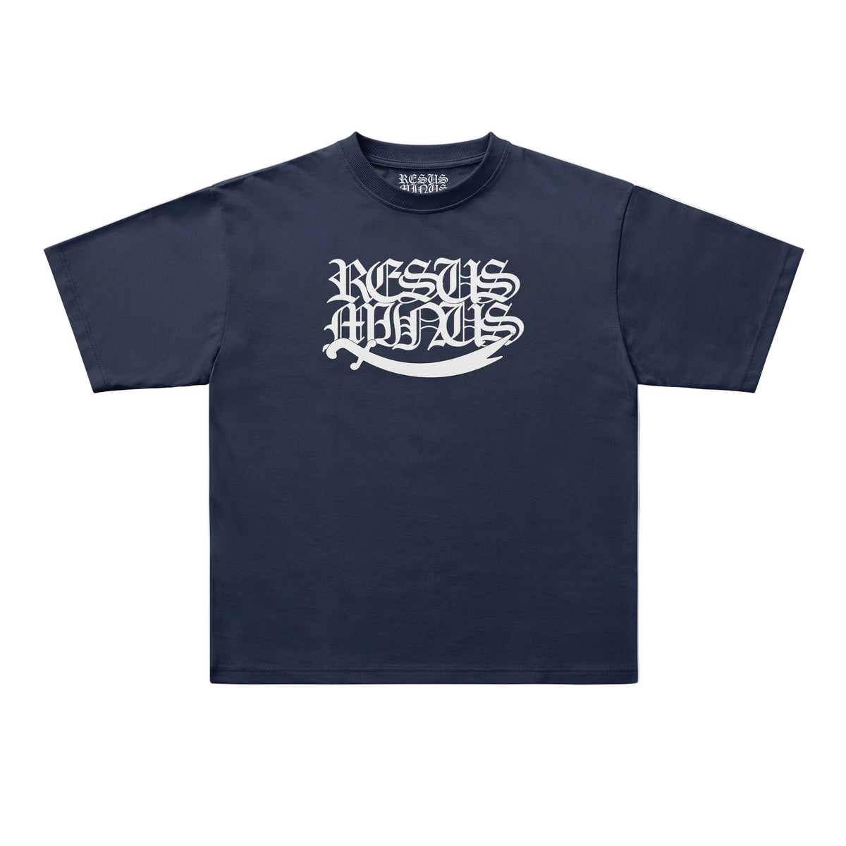 A navy blue short-sleeve t-shirt with a white gothic-style graphic reading 'JESUS IS MY GOD' across the chest, displayed flat against a light gray background.