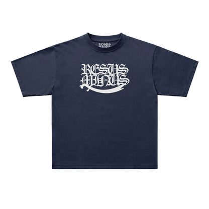 A navy blue short-sleeve t-shirt with a white gothic-style graphic reading 'JESUS IS MY GOD' across the chest, displayed flat against a light gray background.