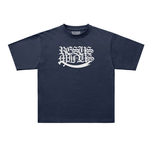 A navy blue short-sleeve t-shirt with a white gothic-style graphic reading 'JESUS IS MY GOD' across the chest, displayed flat against a light gray background.