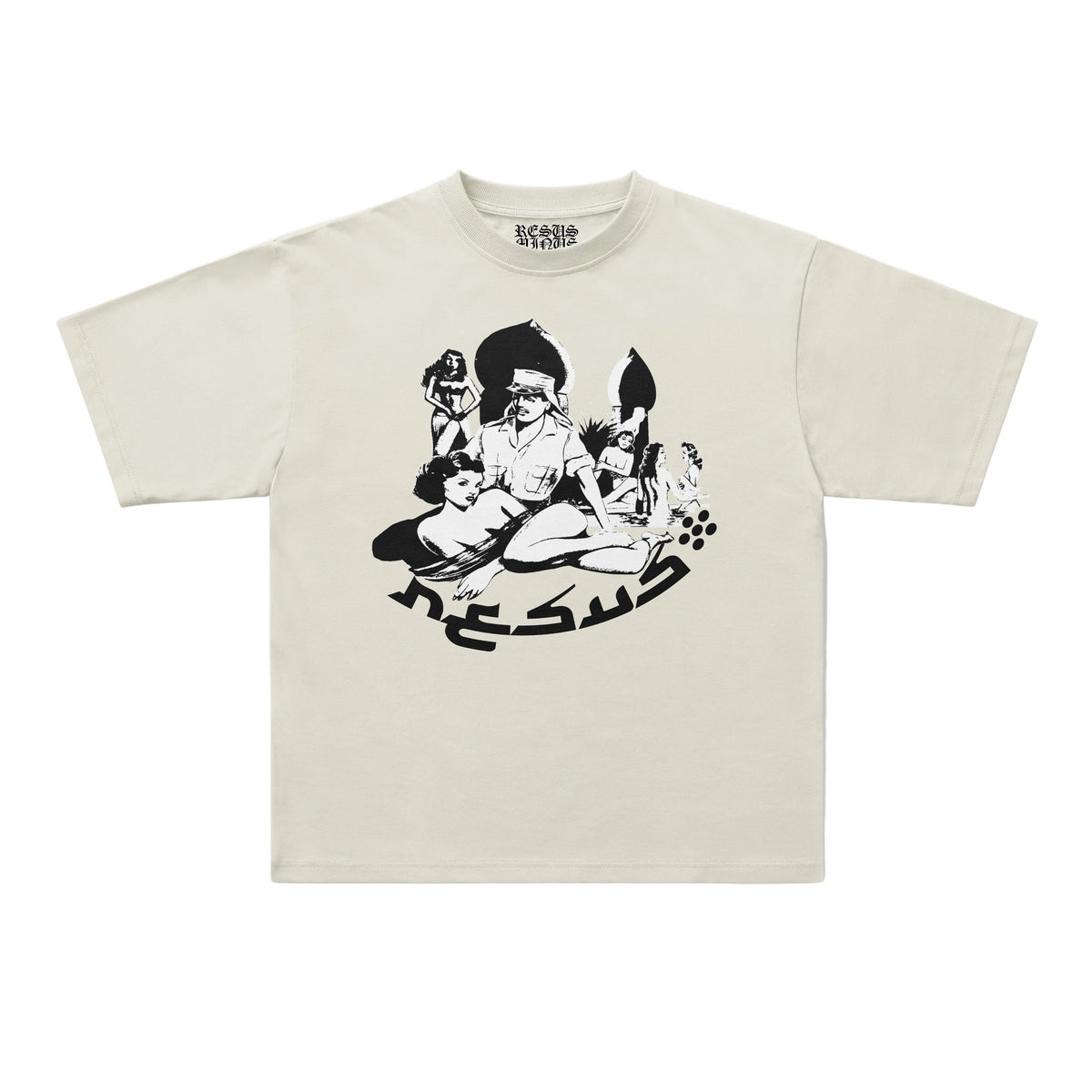An off-white short-sleeve t-shirt with a black graphic print of a stylized figure and Arabic calligraphy on the front, displayed flat against a light gray background.