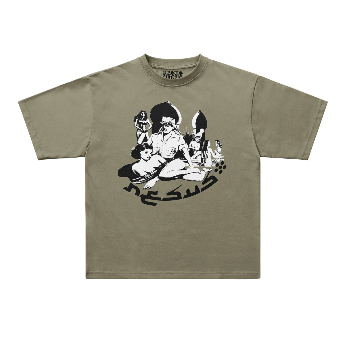 An oversized short-sleeve t-shirt in olive green with a black graphic print of a stylized character and the word 'JESUS' on the front, displayed flat against a light gray background.