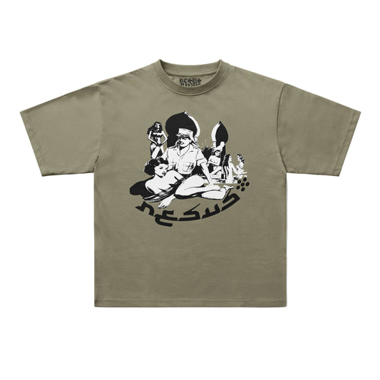 An oversized short-sleeve t-shirt in olive green with a black graphic print of a stylized character and the word 'JESUS' on the front, displayed flat against a light gray background.
