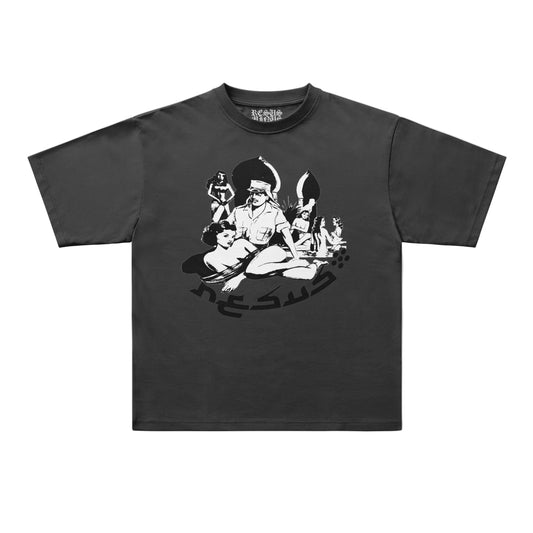 A black short-sleeve t-shirt with a white graphic print of characters.
