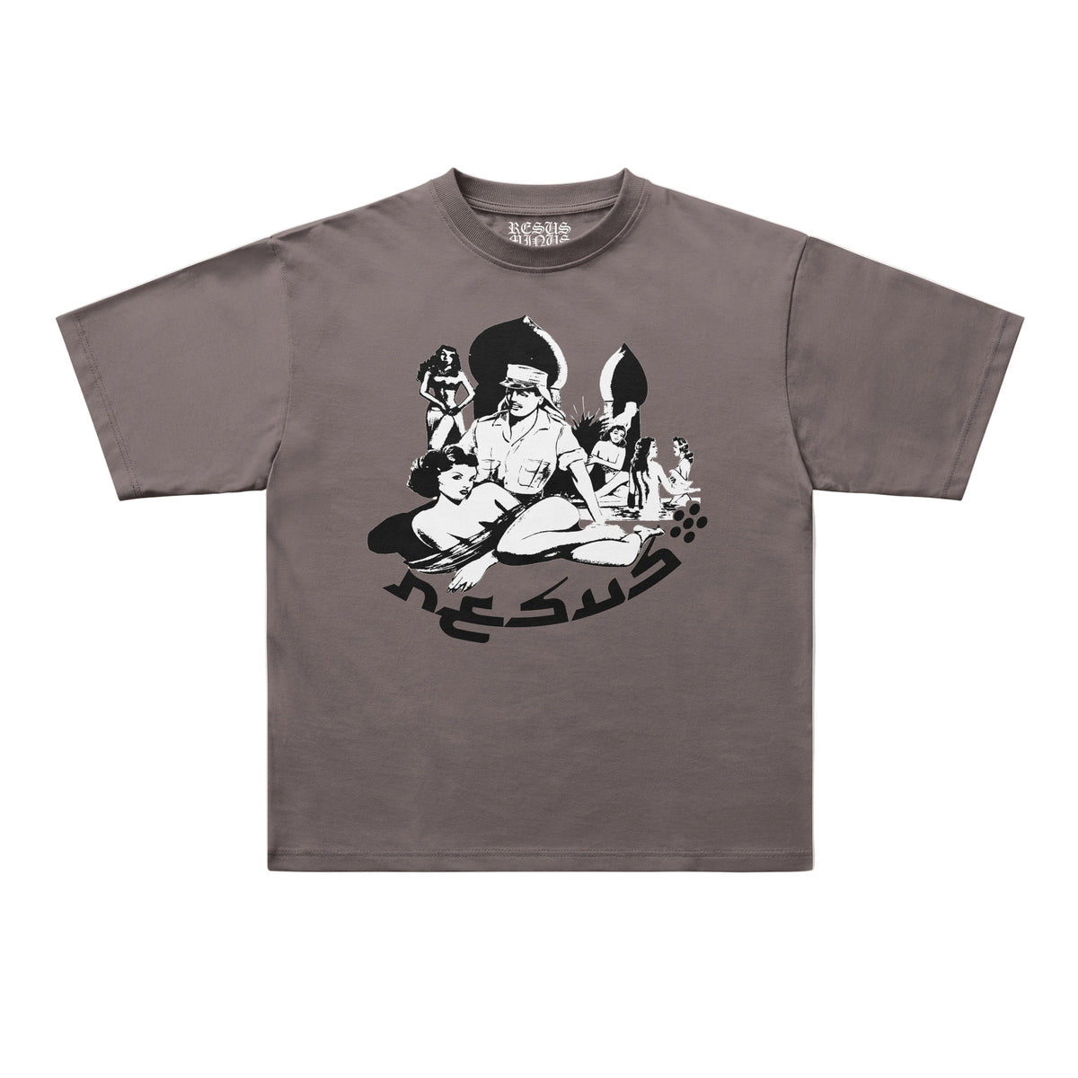 A short-sleeve crewneck t-shirt in a muted taupe-brown color, featuring a black and white graphic print of a seated figure with stylized text on the front, displayed flat against a light gray background.