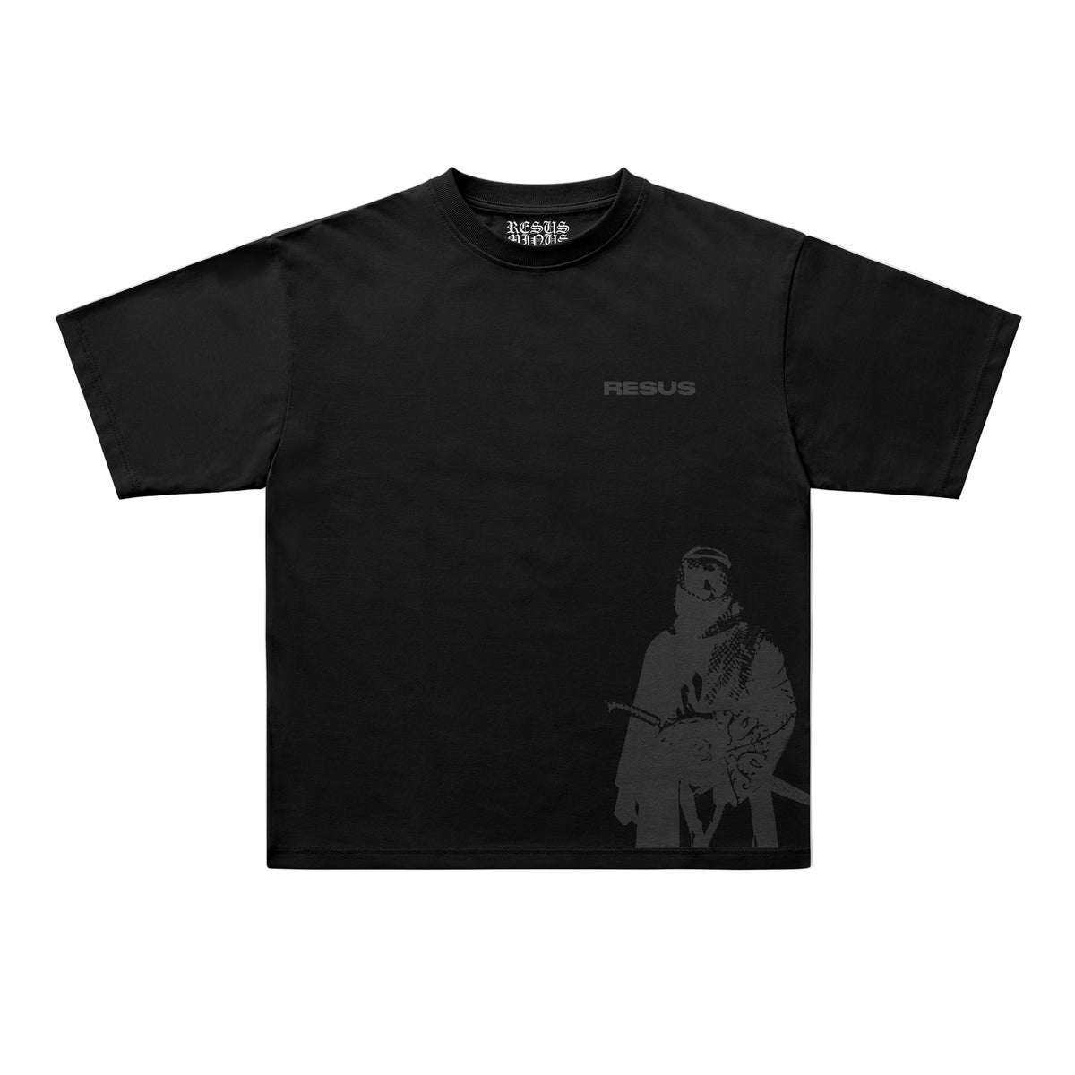 A black short-sleeve t-shirt with a dark gray graphic print on the front. The graphic features the word 'RESUS' printed on the left chest and a stylized figure holding a sword on the lower right.