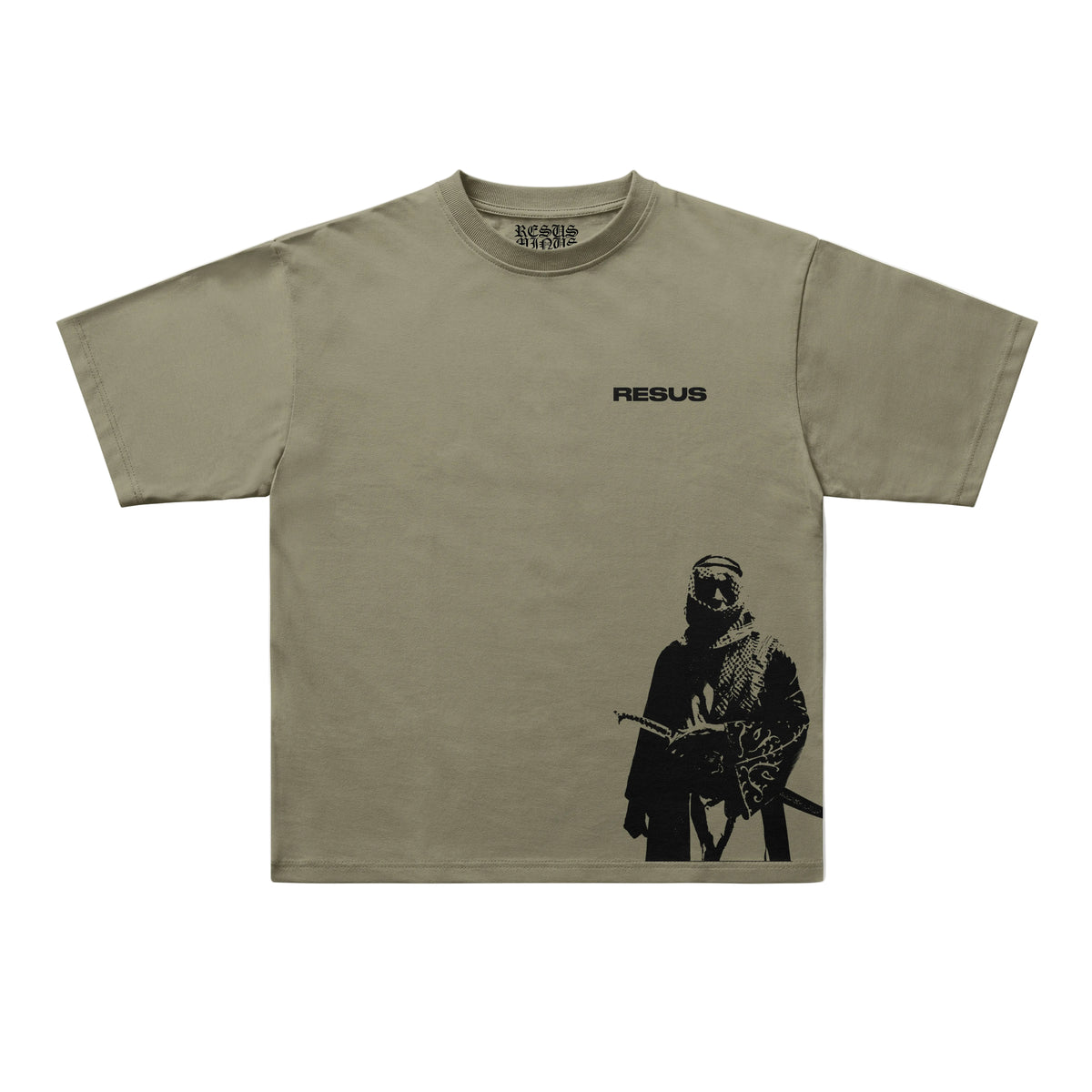 An oversized short-sleeve t-shirt in olive green with a black graphic print of a soldier and the word 'RESUS' on the chest, displayed flat against a light gray background.