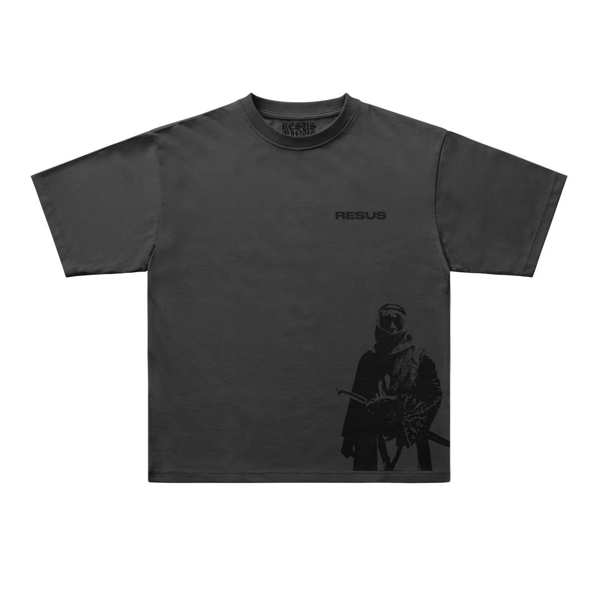 A dark gray short-sleeve t-shirt with a black graphic print of a soldier on the lower front and the word 'RESUS' printed on the upper chest, displayed flat against a light gray background.