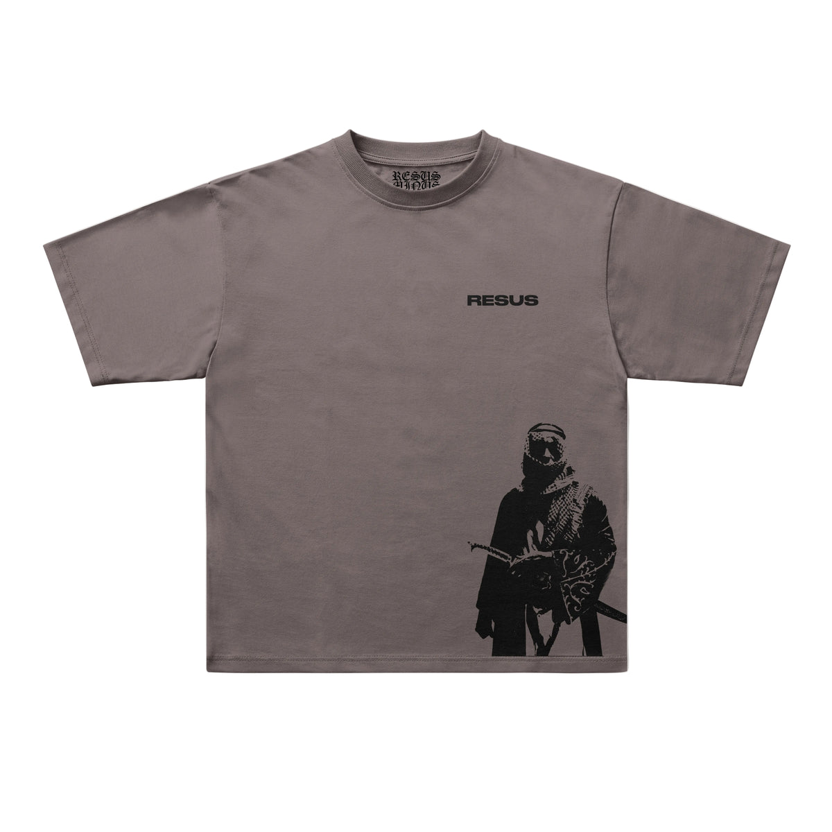 A taupe gray short-sleeve t-shirt with a black graphic print of a masked soldier on the lower right and the word 'RESUS' printed on the upper chest. The brand 'UNIQUELY AVAILABLE' is visible inside the collar.