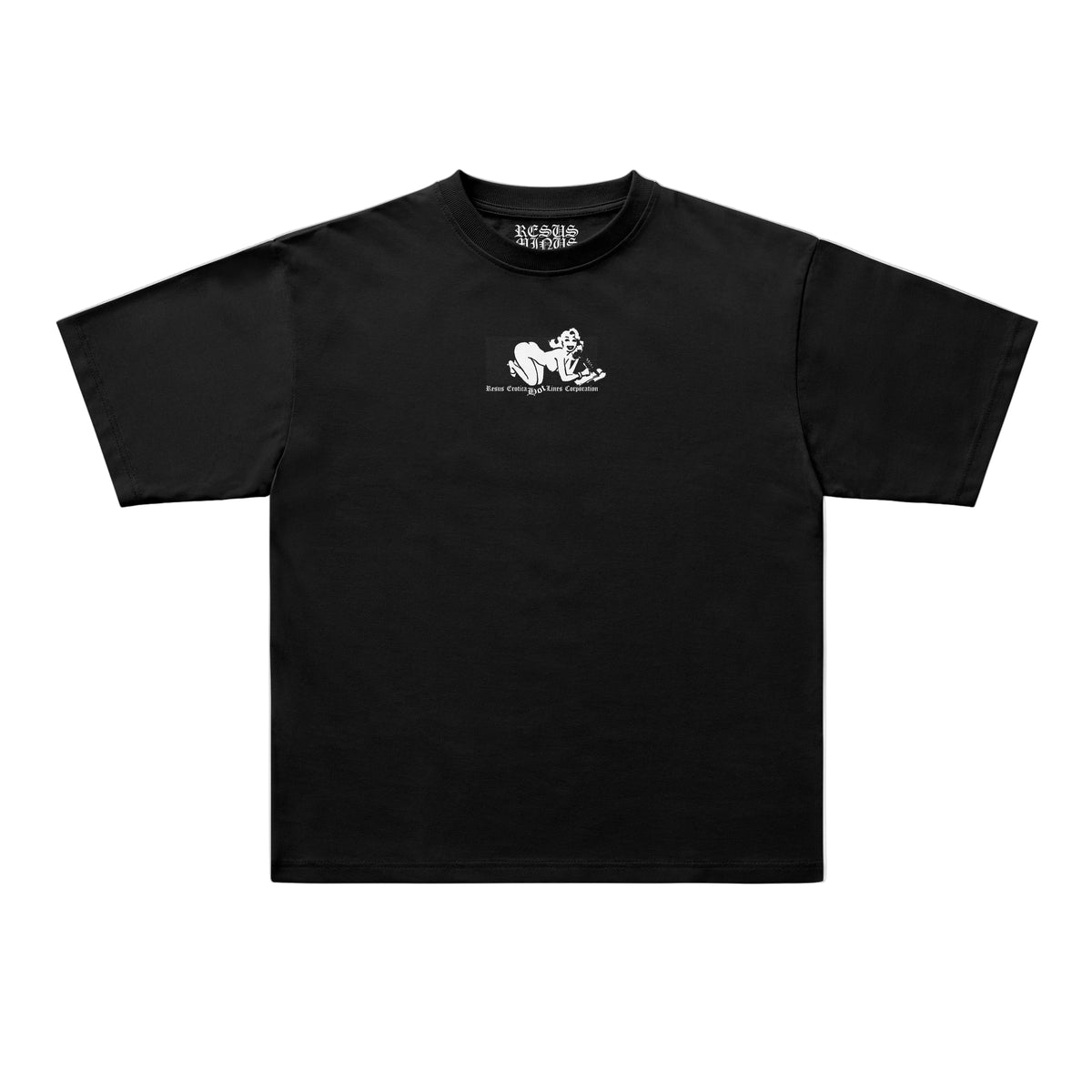 A black short-sleeve crewneck t-shirt with a tonal rectangular patch on the left chest, displayed flat against a white background.