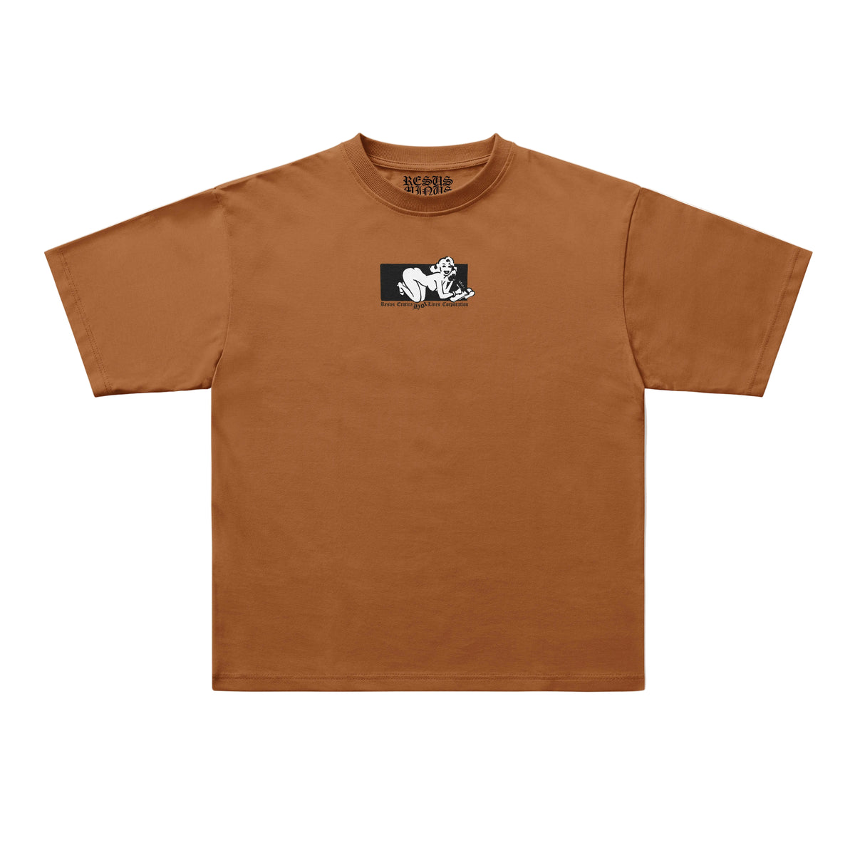 A brown short-sleeve crewneck t-shirt with a small black and white graphic print on the left chest, displayed flat against a light gray background.
