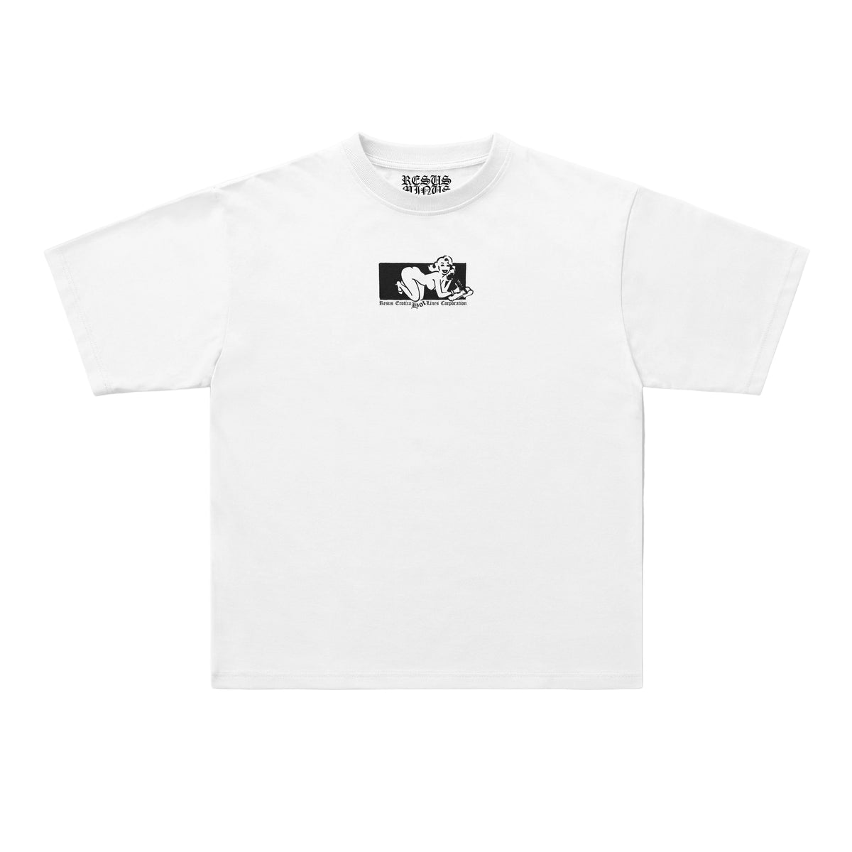 A white short-sleeve crewneck t-shirt with a small black graphic print on the center chest, displayed flat against a light gray background.