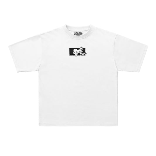 A white short-sleeve crewneck t-shirt with a small black graphic print on the center chest, displayed flat against a light gray background.