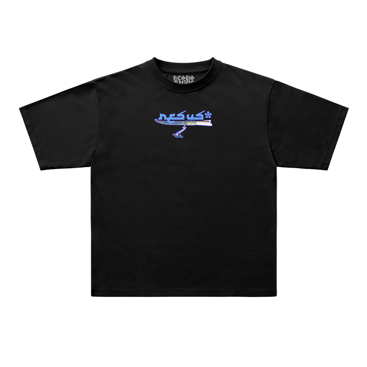 Black t-shirt with a small logo on the back against a white background
