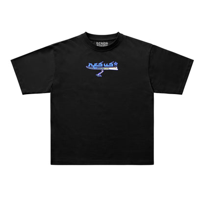 Black t-shirt with a small logo on the back against a white background
