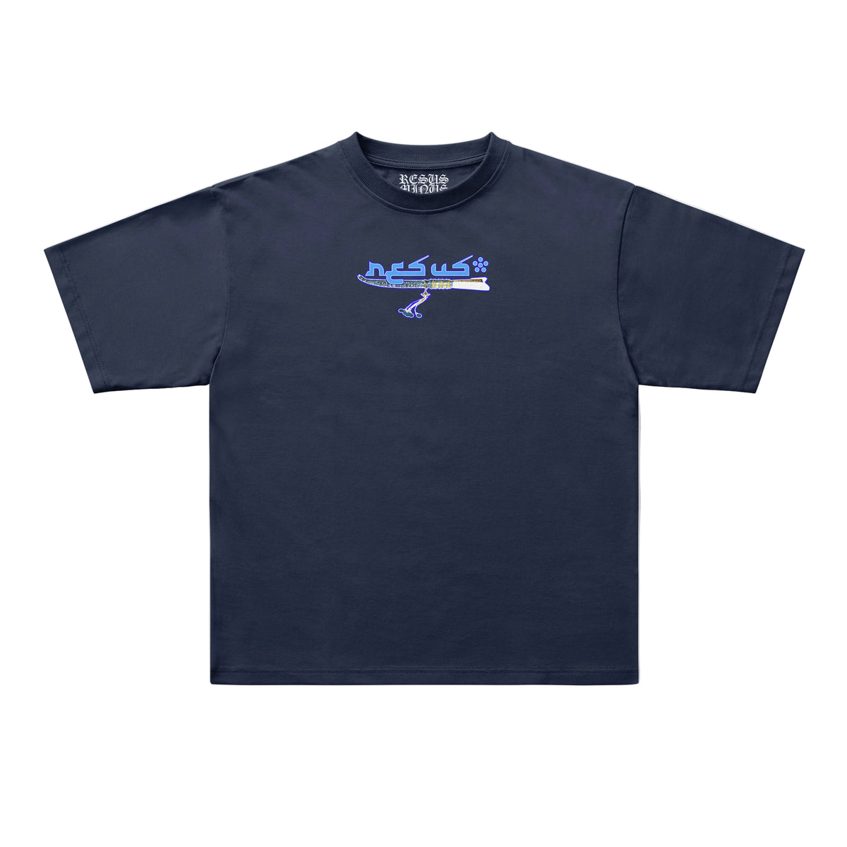 A navy blue short-sleeve t-shirt with a small graphic on the left chest featuring the text 'resus' in light blue and a stylized airplane, displayed on a clean white background.