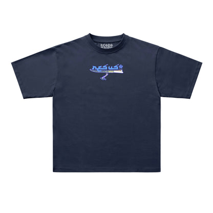 A navy blue short-sleeve t-shirt with a small graphic on the left chest featuring the text 'resus' in light blue and a stylized airplane, displayed on a clean white background.