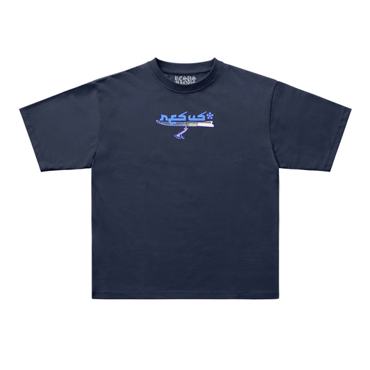 A navy blue short-sleeve t-shirt with a small graphic on the left chest featuring the text 'resus' in light blue and a stylized airplane, displayed on a clean white background.
