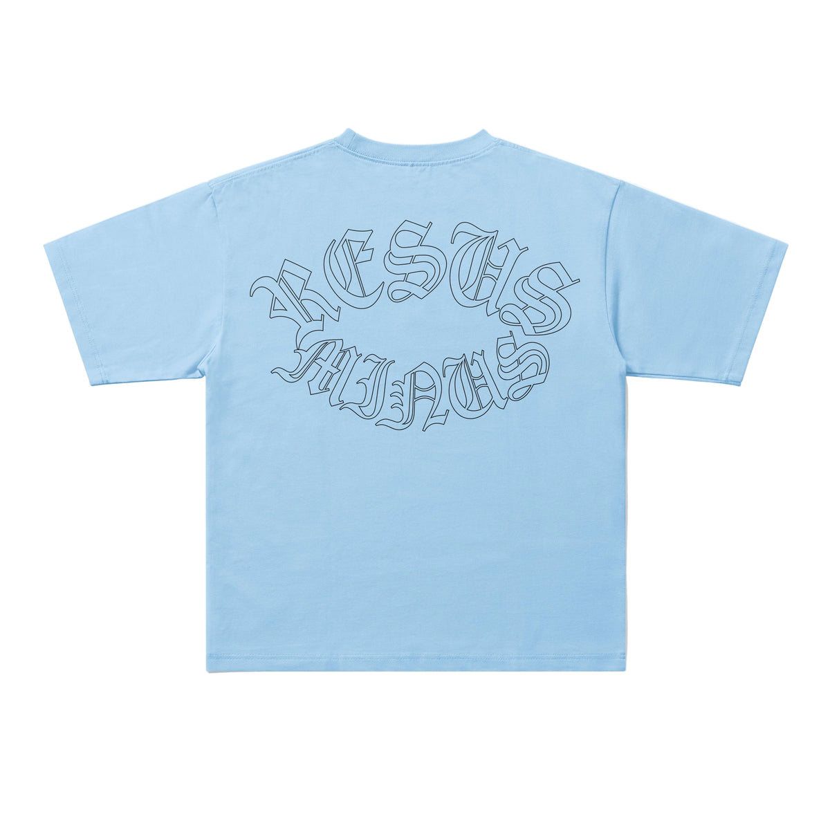A light blue short-sleeve t-shirt shown from the back, featuring a stylized gothic outline graphic that reads 'JESUS IS MY GOD' in dark gray.