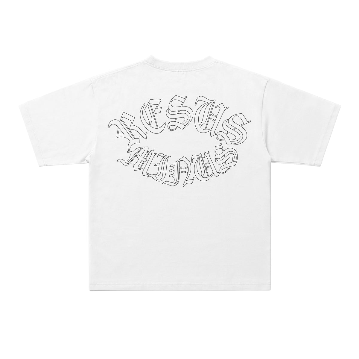 A white short-sleeve t-shirt shown from the back, featuring a stylized black outline graphic of the words 'JESUS HIPPIE' in a gothic font across the upper back.
