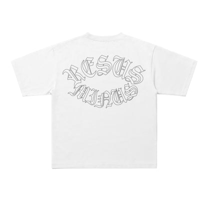 A white short-sleeve t-shirt shown from the back, featuring a stylized black outline graphic of the words 'JESUS HIPPIE' in a gothic font across the upper back.