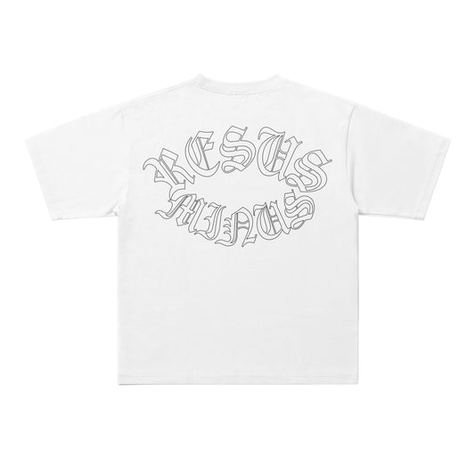 A white short-sleeve t-shirt shown from the back, featuring a stylized black outline graphic of the words 'JESUS HIPPIE' in a gothic font across the upper back.