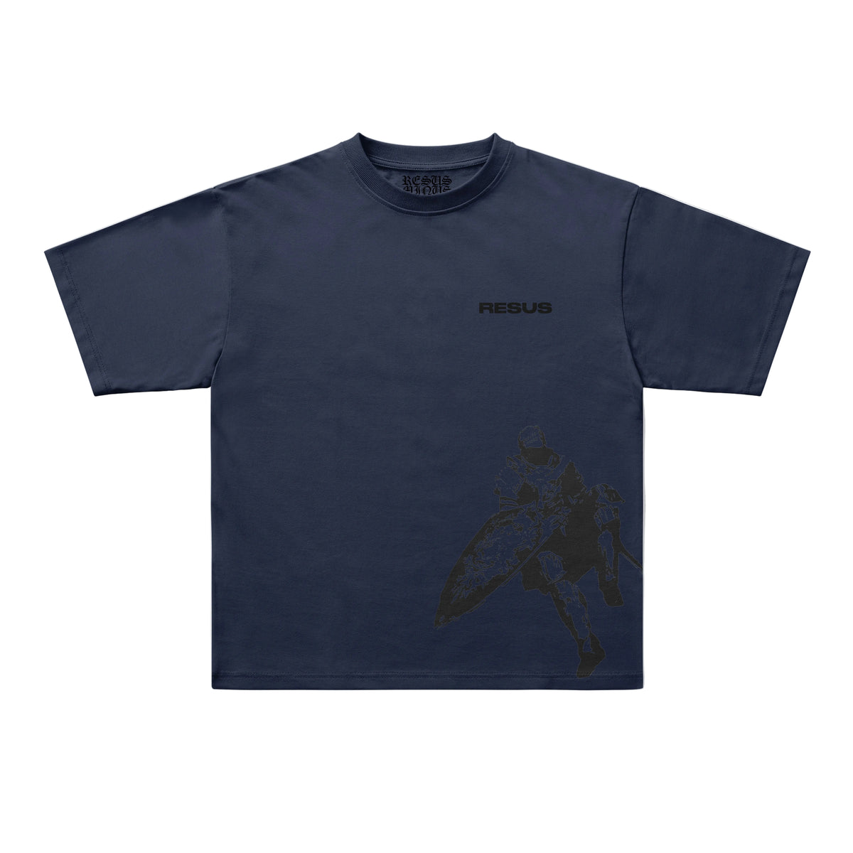 A navy blue short-sleeve t-shirt with a black graphic of a soldier carrying a shield on the front and the word 'RESUB' printed on the left chest, displayed flat against a light gray background.