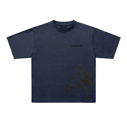 A navy blue short-sleeve t-shirt with a black graphic of a soldier carrying a shield on the front and the word 'RESUB' printed on the left chest, displayed flat against a light gray background.