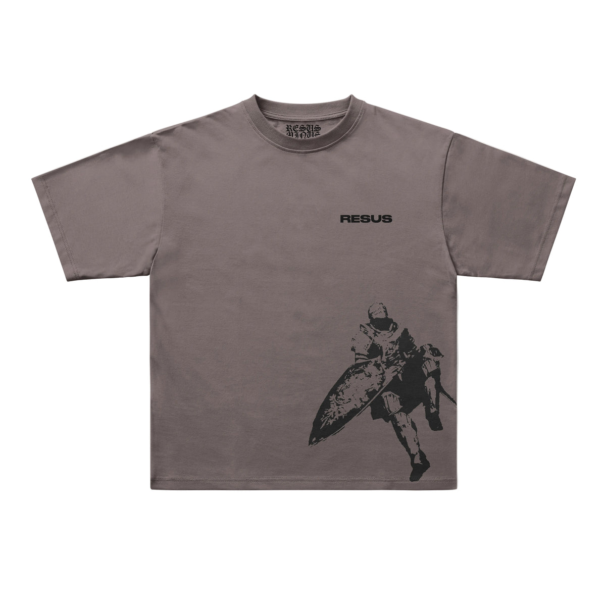 A taupe gray short-sleeve t-shirt with a black graphic of a Spartan warrior on the lower right and the word 'RESUS' printed on the upper chest, displayed flat against a light gray background.