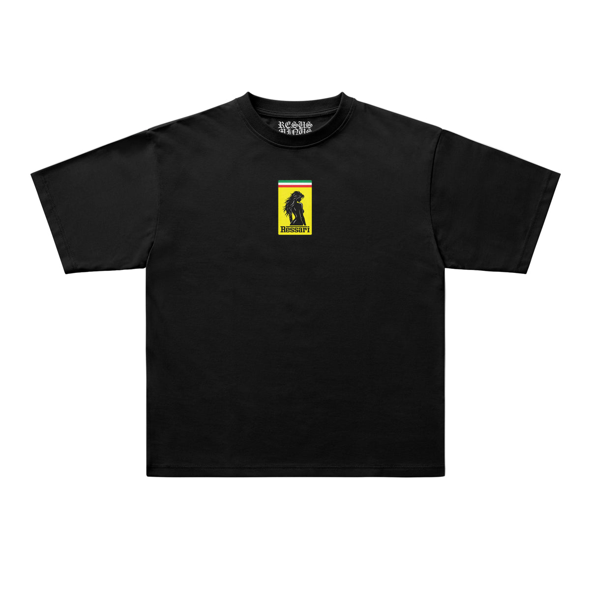A black short-sleeve crewneck t-shirt with a tonal rectangular patch on the left chest, displayed flat against a white background.