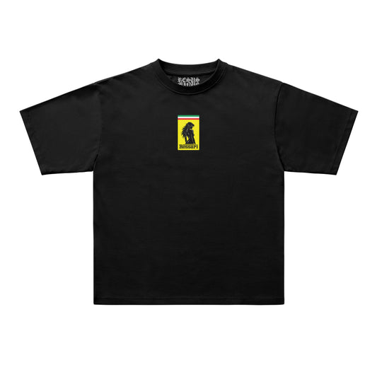 A black short-sleeve crewneck t-shirt with a tonal rectangular patch on the left chest, displayed flat against a white background.