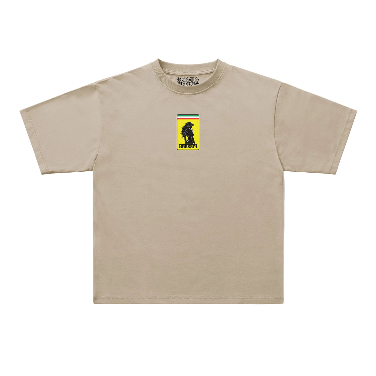 A beige short-sleeve t-shirt with a small graphic on the left chest featuring a black dog silhouette and the text 'SCALPED DOGS'. The brand 'Scalped Dogs' is also visible printed inside the collar.