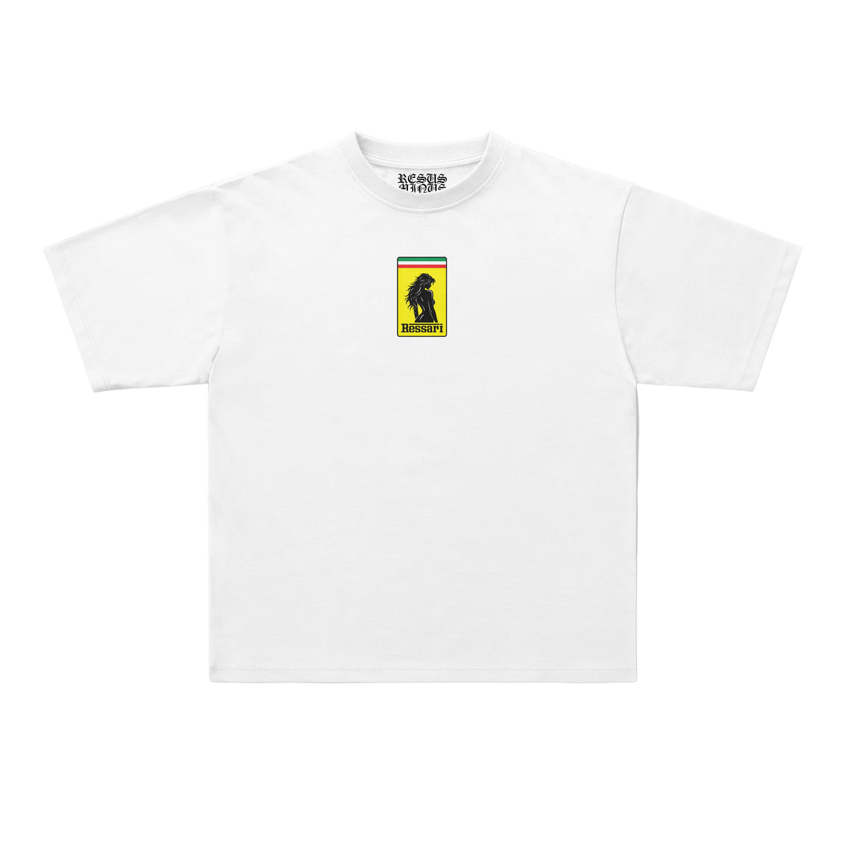 A white short-sleeve crewneck t-shirt with a small graphic on the left chest depicting a black dog silhouette against yellow, green, and red stripes, with 'BEACHWEAR' printed inside the collar.