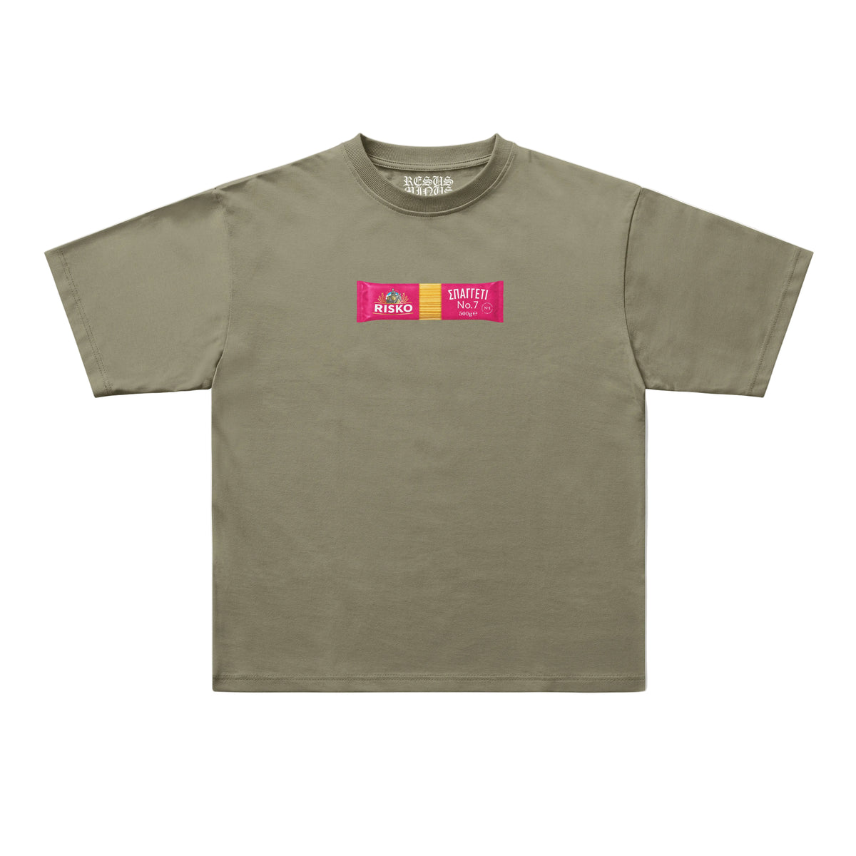 An olive green short-sleeve t-shirt with a small graphic on the chest featuring two pink and yellow rectangular blocks with text, displayed flat against a light gray background.