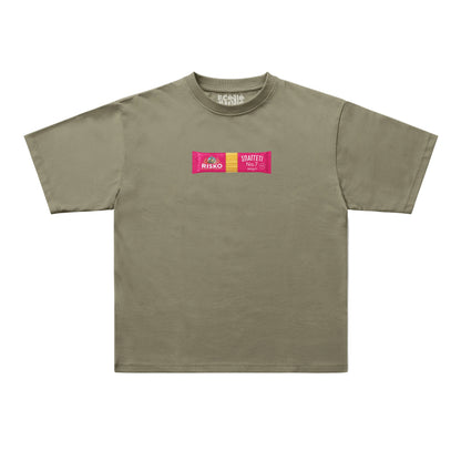 An olive green short-sleeve t-shirt with a small graphic on the chest featuring two pink and yellow rectangular blocks with text, displayed flat against a light gray background.