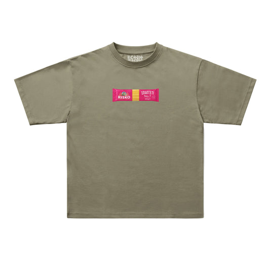An olive green short-sleeve t-shirt with a small graphic on the chest featuring two pink and yellow rectangular blocks with text, displayed flat against a light gray background.
