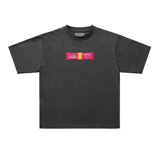 A black short-sleeve t-shirt with a colorful graphic on the chest, displayed flat against a light gray background. The graphic features a pink and yellow block with the text 'RISKO' and 'UNLATER'.