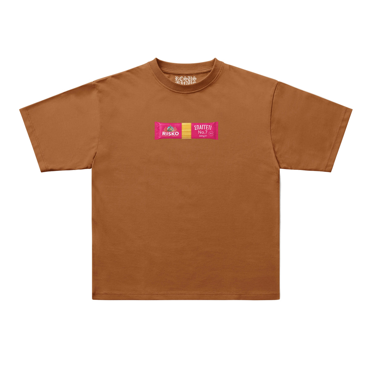 A brown short-sleeve t-shirt with a small graphic on the chest featuring two pink rectangular logos that read 'RISKO' and 'SLATTER'. The t-shirt is displayed flat against a clean, off-white background.