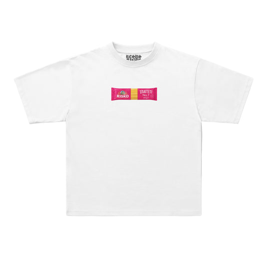 A white short-sleeve crewneck t-shirt with a small rectangular graphic on the chest featuring pink and yellow blocks with the text 'STRAIGHT' and 'RISKO'. The inner neck label shows the brand 'ESCAPE APPAREL'.