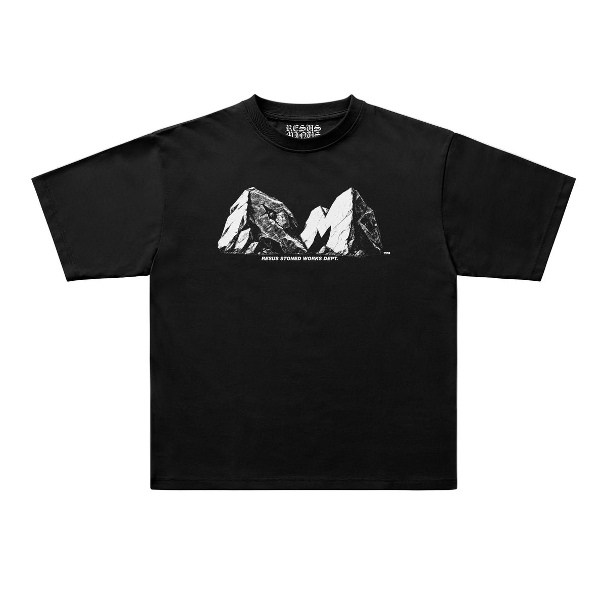 A black short-sleeve t-shirt with a white graphic of two mountain peaks and the text 'RESUS STONED WORKS DEPT' printed on the chest, displayed flat against a light gray background.