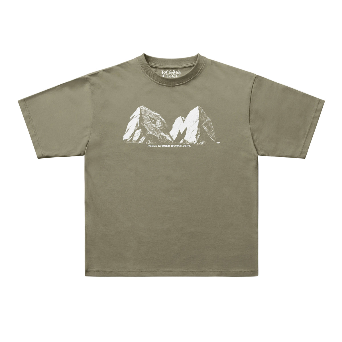 An olive green short-sleeve t-shirt with a white line art graphic of mountain peaks and the text 'MOUNT EVEREST MOUNT K2' on the chest, displayed flat against a light gray background.
