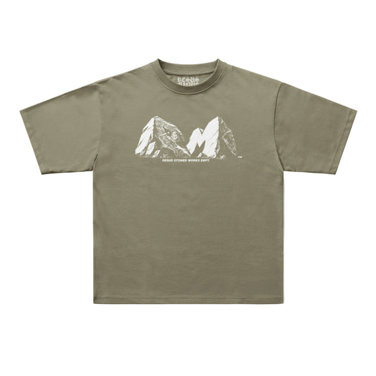 An olive green short-sleeve t-shirt with a white line art graphic of mountain peaks and the text 'MOUNT EVEREST MOUNT K2' on the chest, displayed flat against a light gray background.