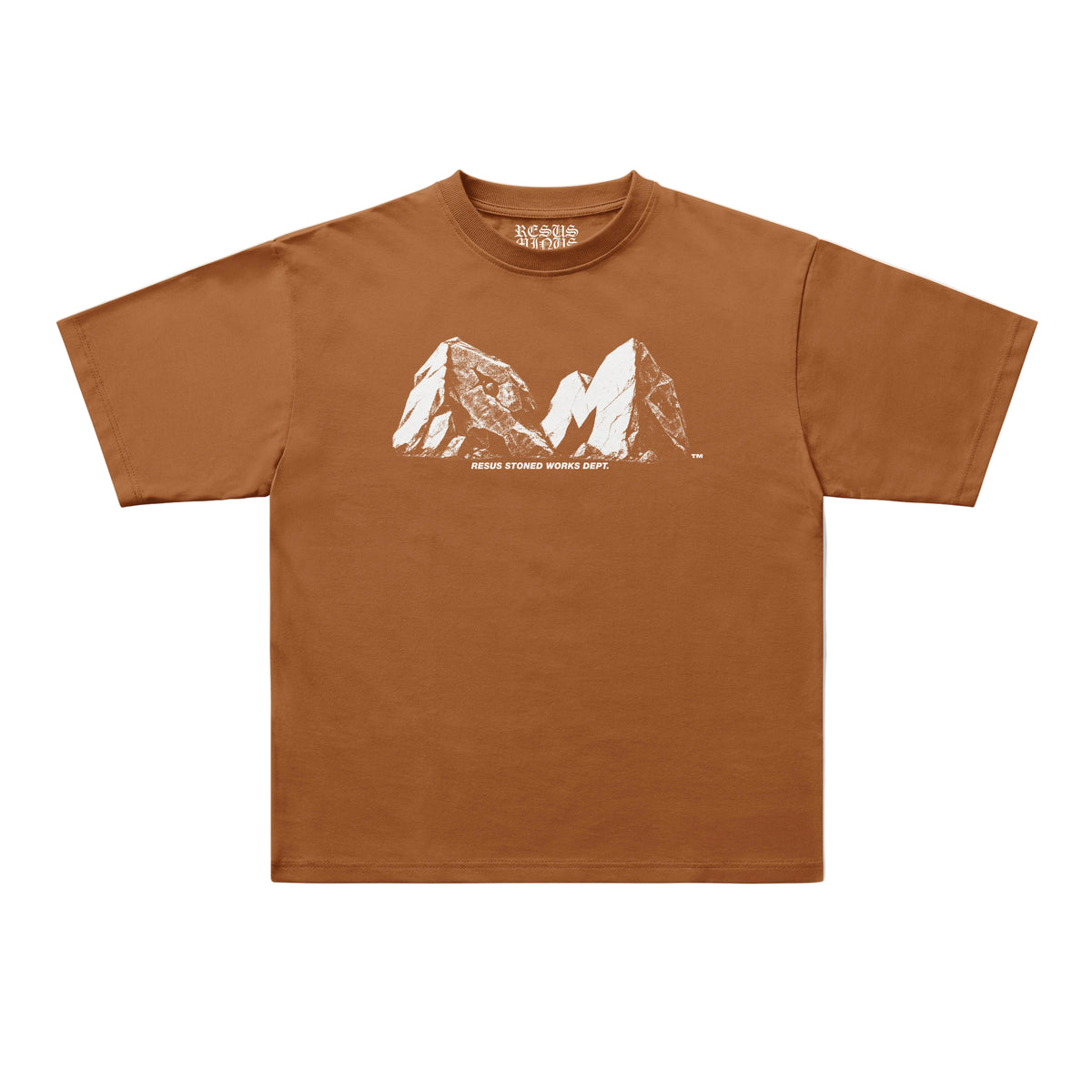 A brown short-sleeve t-shirt with a white graphic of two mountain peaks and the text 'RESUS STONED WORKS DEPT.' printed on the chest, displayed flat against a light gray background.