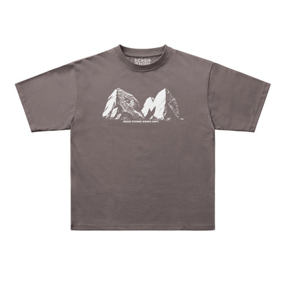 A dark brownish-gray short-sleeve t-shirt with a white graphic of two mountain peaks and the text 'MORNING STORMS BRUSH SHORE' printed on the chest, displayed flat against a light gray background.
