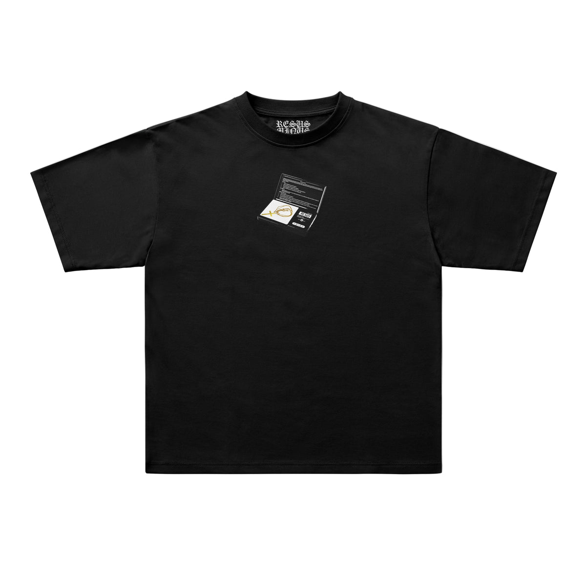 Black t-shirt with a small logo on a white background
