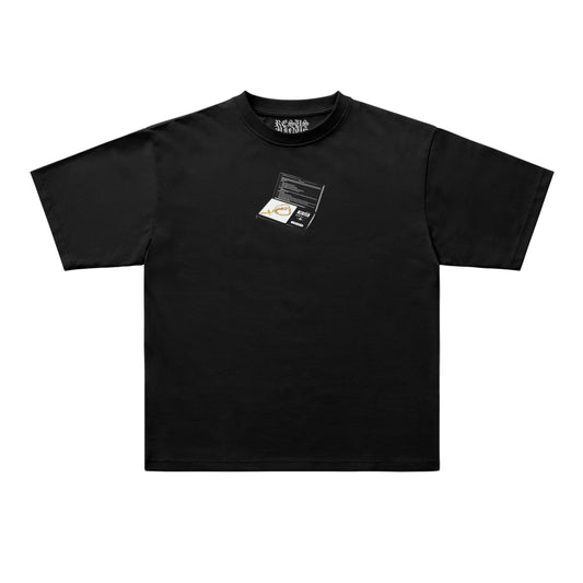 Black t-shirt with a small logo on a white background